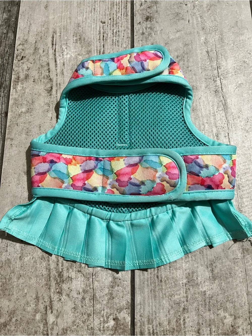 Aqua Multicolor Watercolor Print Ruffle Dog Harness Vest -Size Small